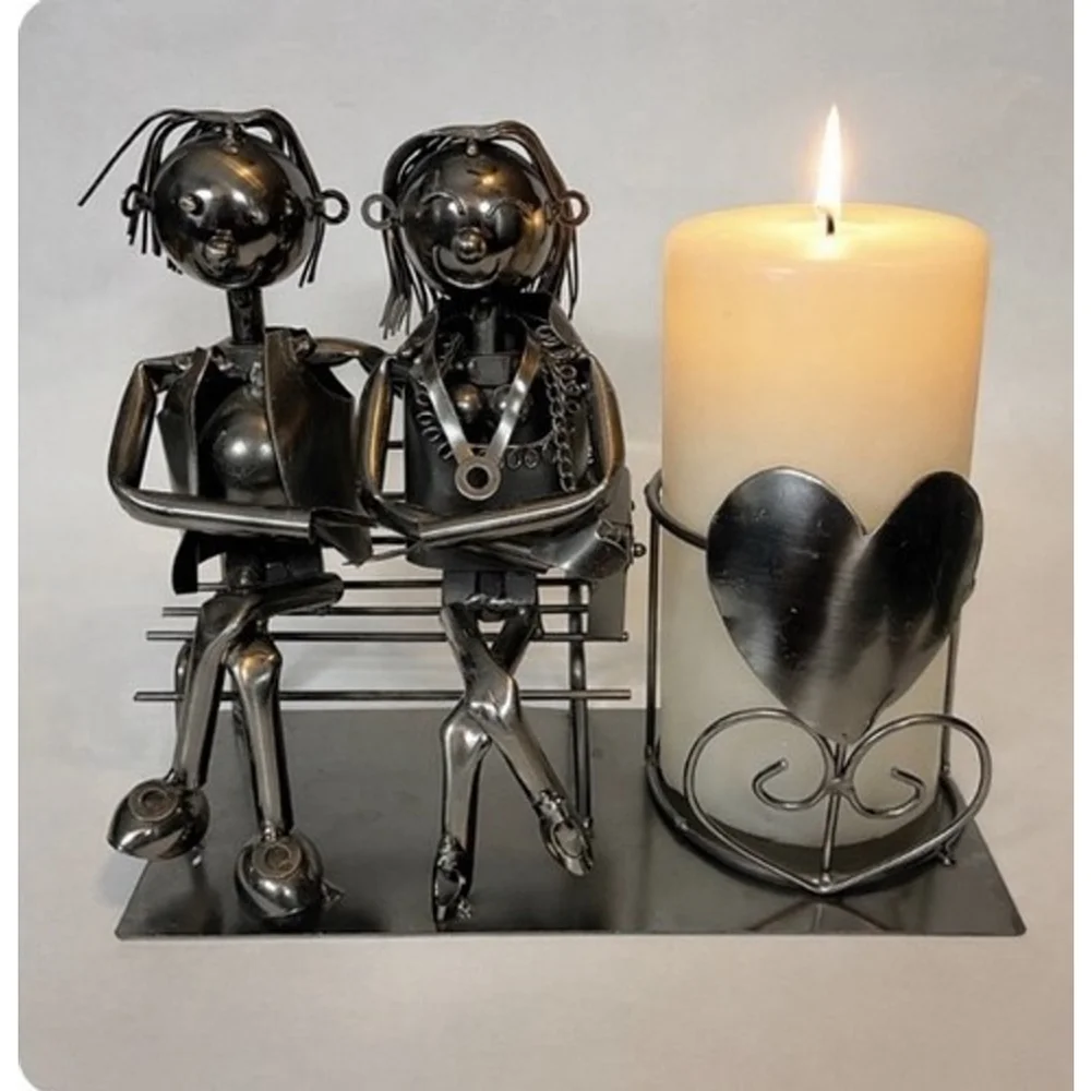 VTG Metal Statue Love Couple On‎ The Bench Wine Bottle/Candle Holder 8